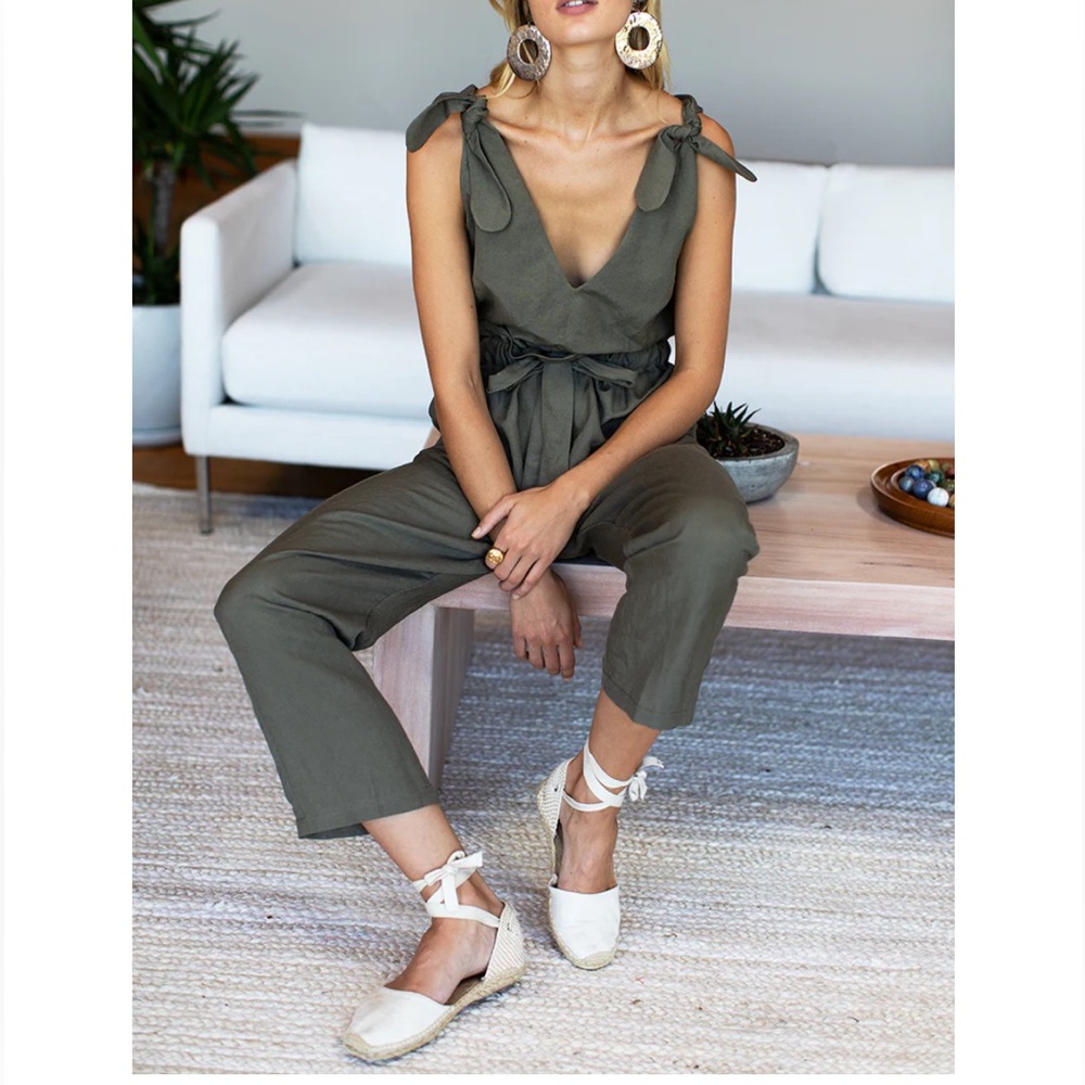 Emerson Fry Army Green High Rise linen Blend Paperbag Pants - Picture 3 of 16